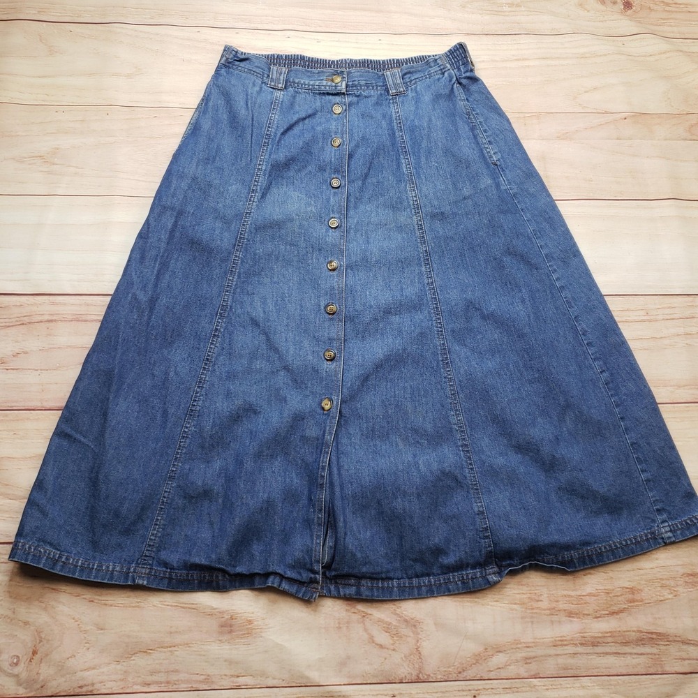 Willow Ridge Skirt Womens 12 Blue A-Line Midi Button Front Elastic Waist Ladies
